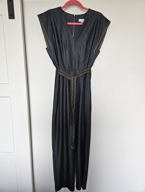 Calvin Klein Denim-Look Jumpsuit Size 12 | V-Neck Gold Stitch Belted | Like New